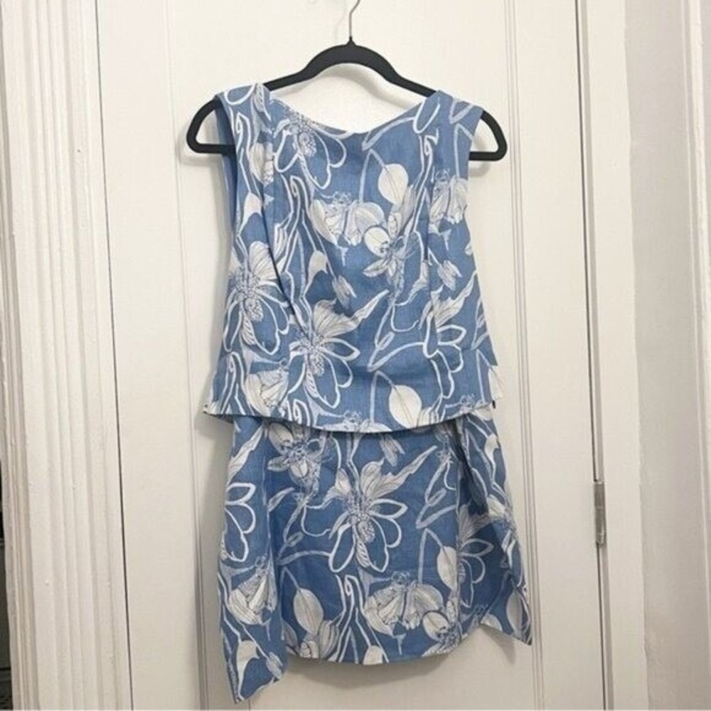 Reformation‎ Blue White Floral Linen Two Piece Set Crop Top Mini Skirt | Size 12 - Picture 4 of 12